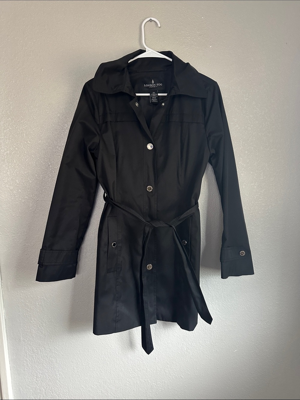 London Fog Black Long Sleeve Belted Raincoat Jacket